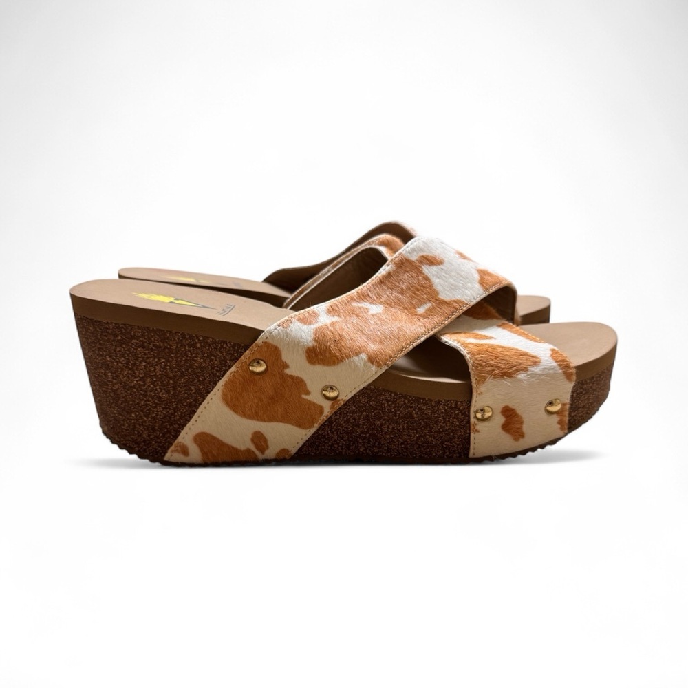 Volatile Cow Print Real Fur Cross Strap Wedge Sandals Size 9 – 3” Heel